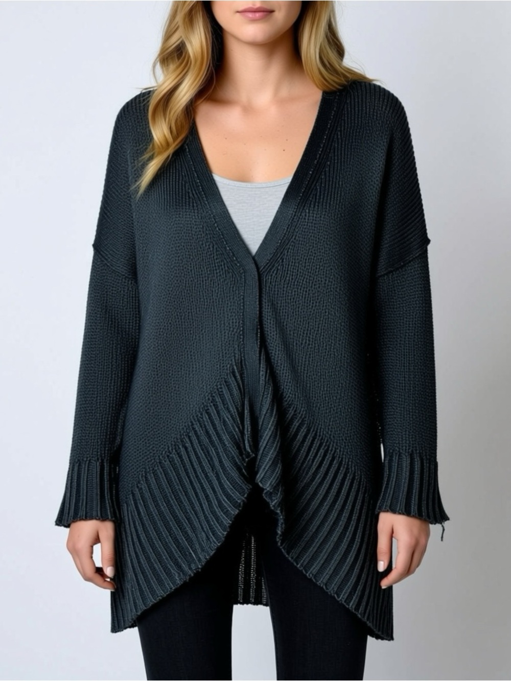 Free People Linen Cardigan Size Small Oversized Grey Loose Knit Snap Buttons